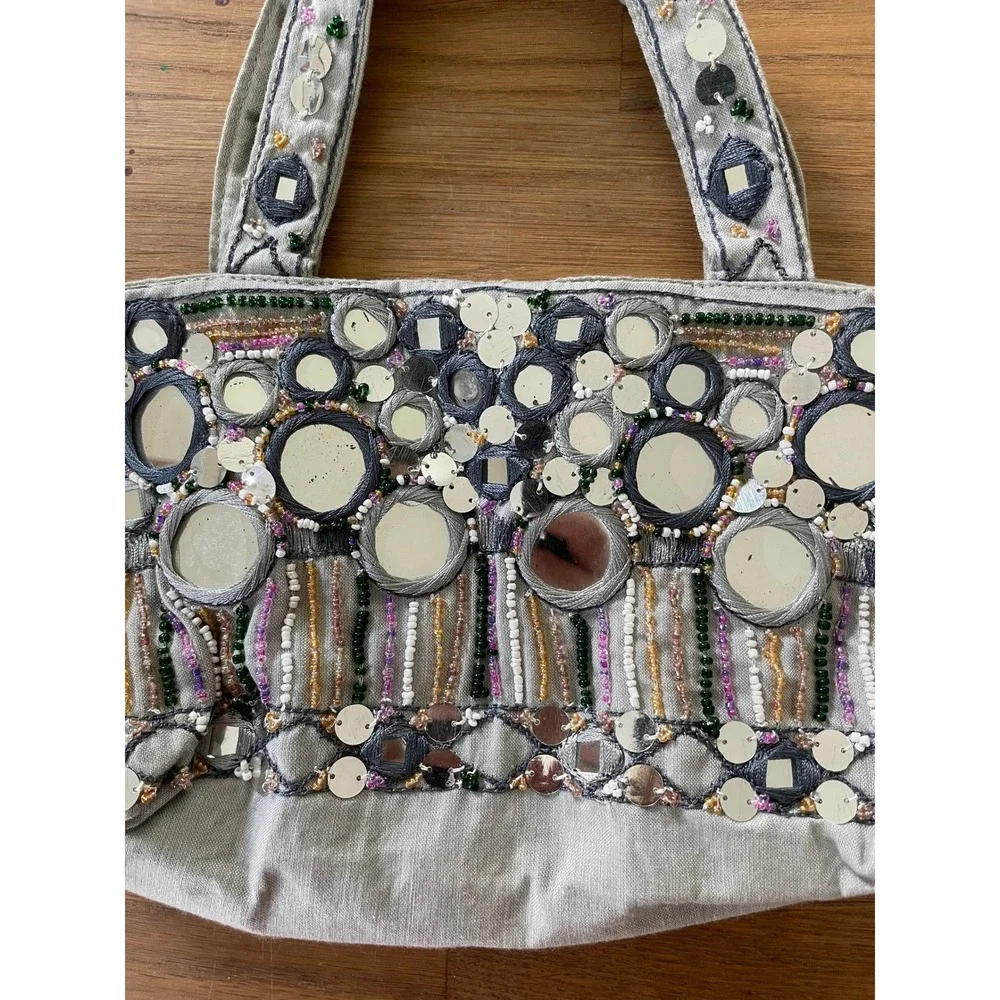 XOXO Vintage Y2K Boho Shisha Mirror Embellished Beaded Cotton Mini Tote Bag Gray - Picture 6 of 10